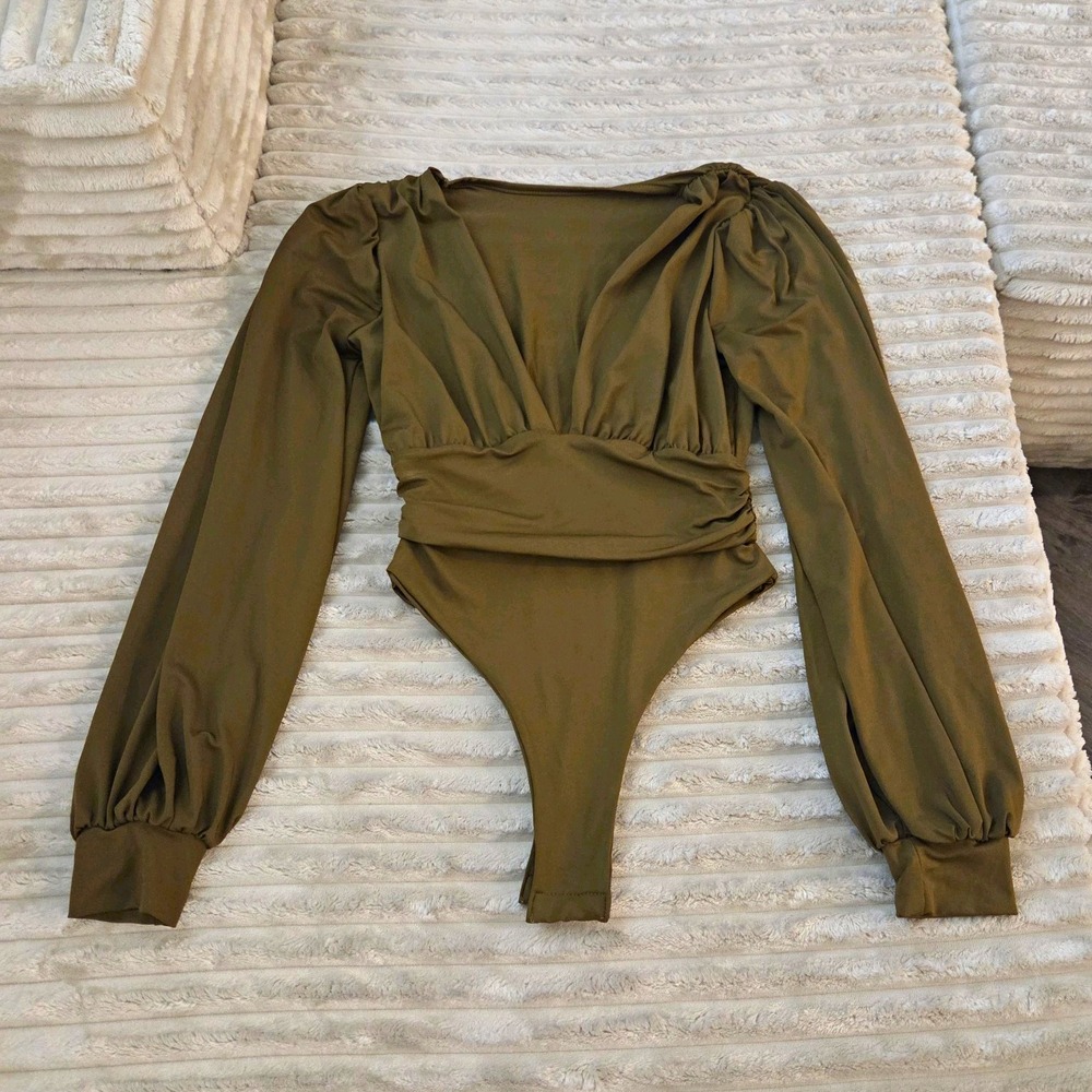 Sexy Olive Green Ruched Bodysuit Long Balloon Sleeve Draped Blouse Top Size S